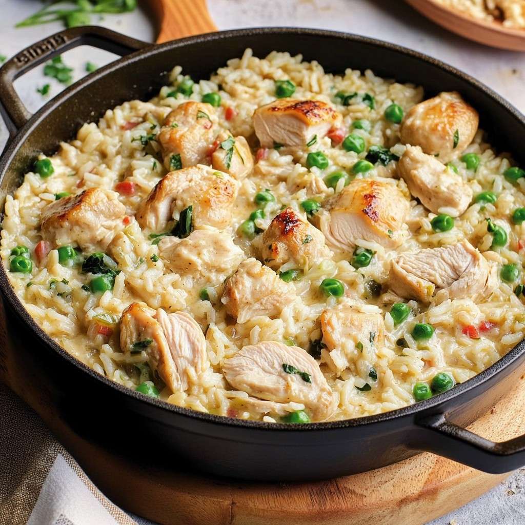 Plat de poulet One-Pot avec riz et légumes colorés.