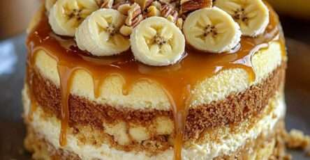 Gâteau Moelleux à la Banane avec Pudding Vanille, décoré de fruits frais et servi sur une assiette élégante.