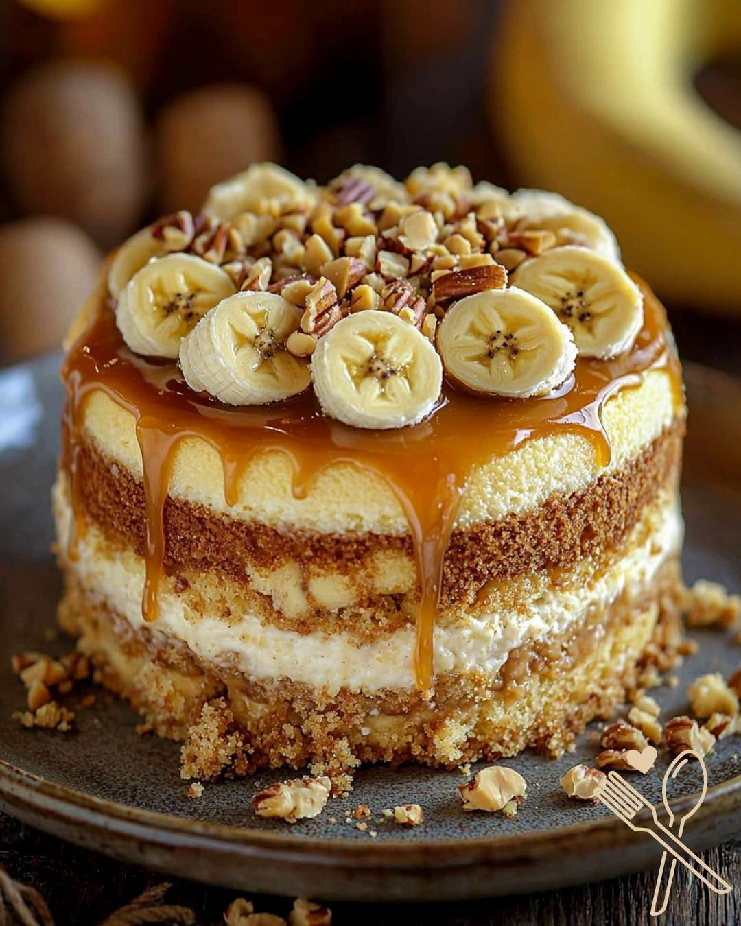 Gâteau Moelleux à la Banane avec Pudding Vanille, décoré de fruits frais et servi sur une assiette élégante.