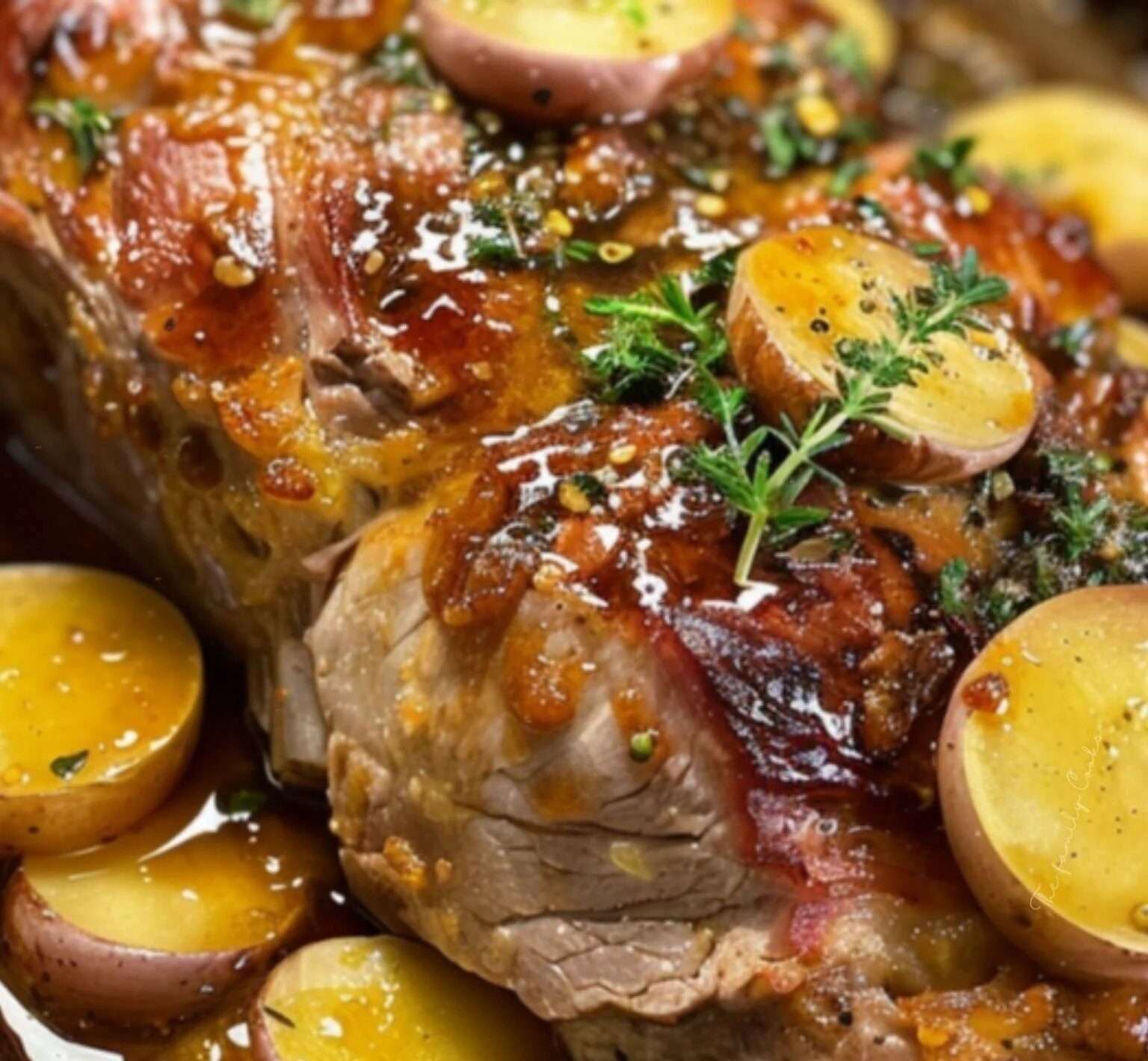 Épaule d'agneau confite au four, garnie de thym frais et accompagnée de légumes rôtis.