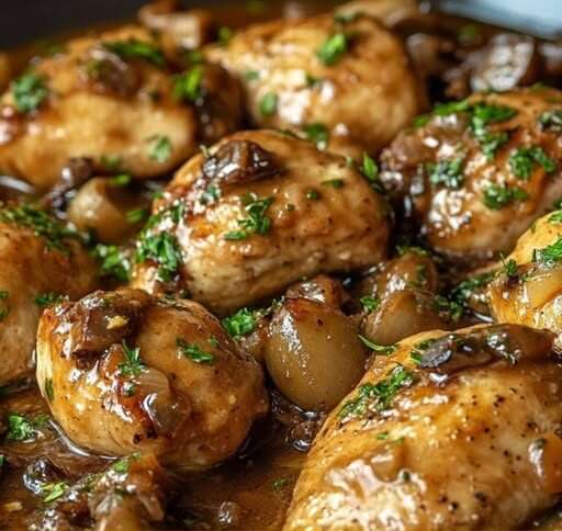 Plat de poulet sauté à la sauce chasseur, garni de champignons et d’herbes fraîches, servi avec une purée maison.