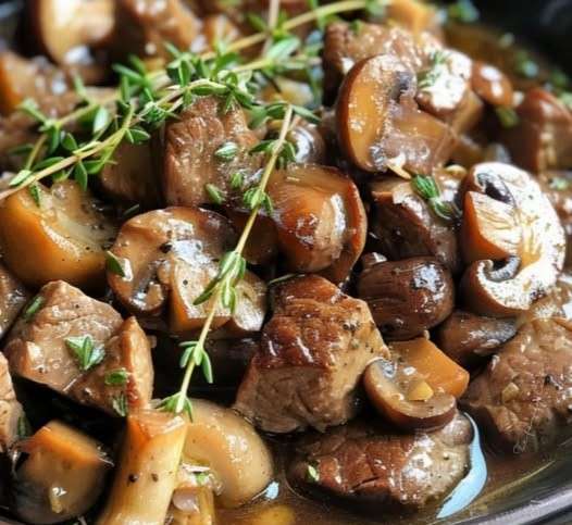 Plat mijoté de bœuf tendre aux champignons, garni de persil frais, servi dans une cocotte en fonte rustique.