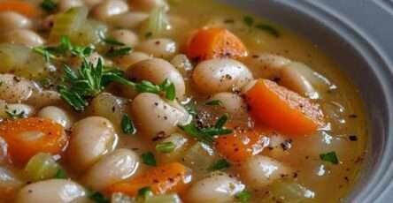 Bol fumant de soupe de haricots blancs et légumes, garni d’herbes fraîches et accompagné de pain rustique.