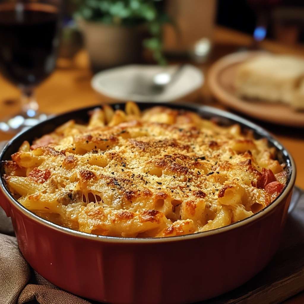 Gratin de pâtes au thon et à la sauce tomate, doré à la perfection, servi dans un plat à gratin avec une garniture de fromage fondant.