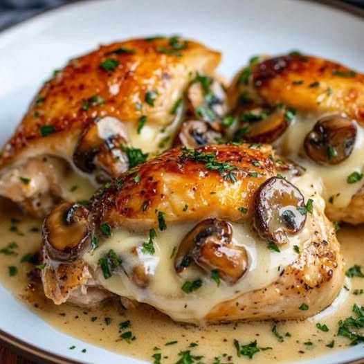 Poulet farci au fromage et aux champignons, nappé d’une sauce au beurre à l’ail, accompagné de légumes rôtis et garni de thym frais.