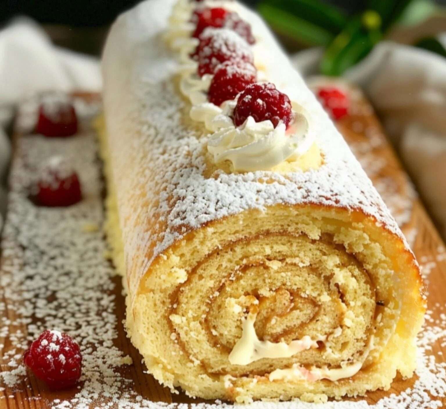 Gâteau roulé à la confiture, joliment présenté sur une assiette, saupoudré de sucre glace et garni de crème fouettée.