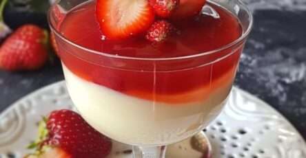 Verrines de panna cotta aux fraises, décorées de sucre glace et servies fraîches.