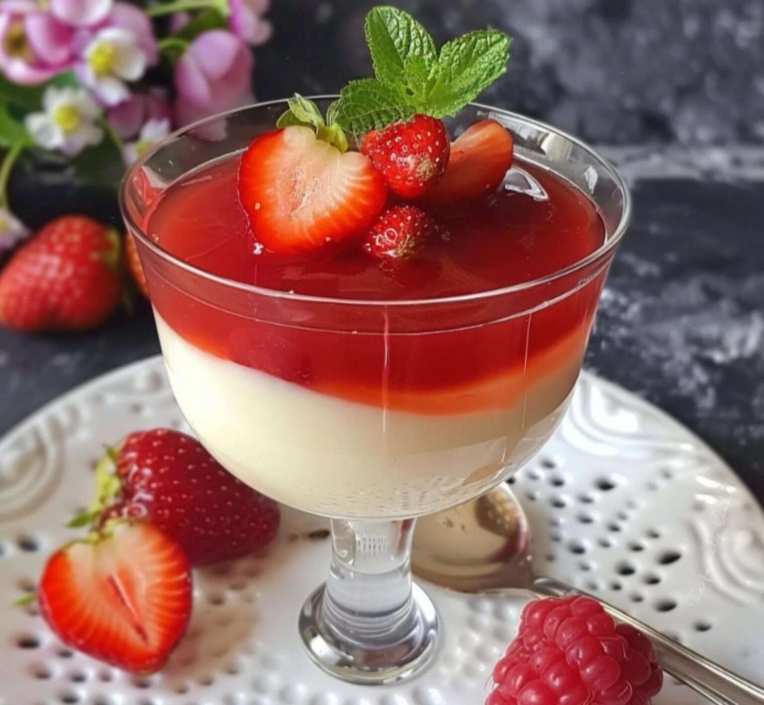 Verrines de panna cotta aux fraises, décorées de sucre glace et servies fraîches.