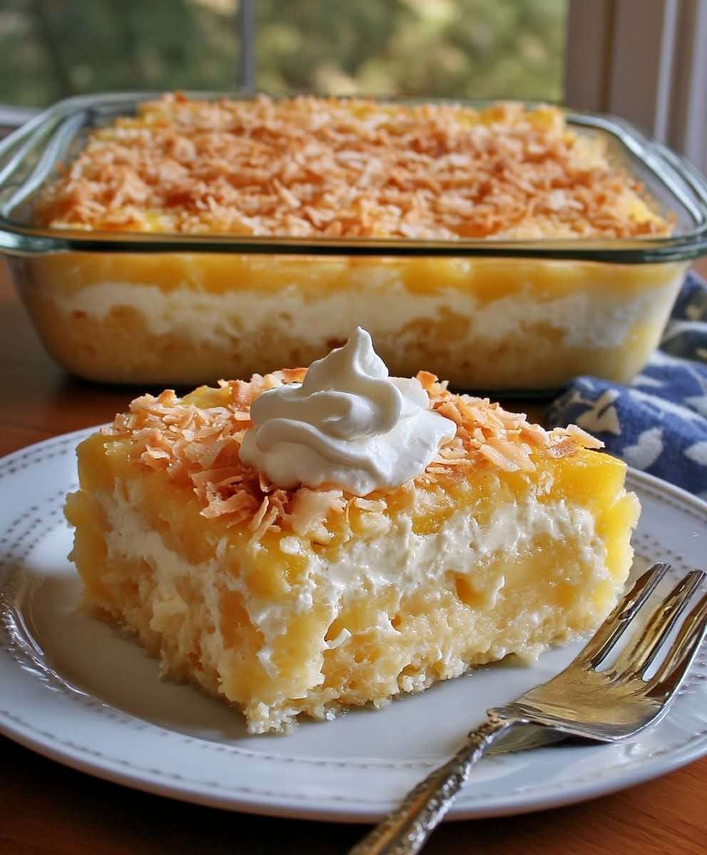 Gâteau de rêve ananas noix de coco, garni de crème chantilly, noix de coco râpée et décoré de tranches d’ananas frais.