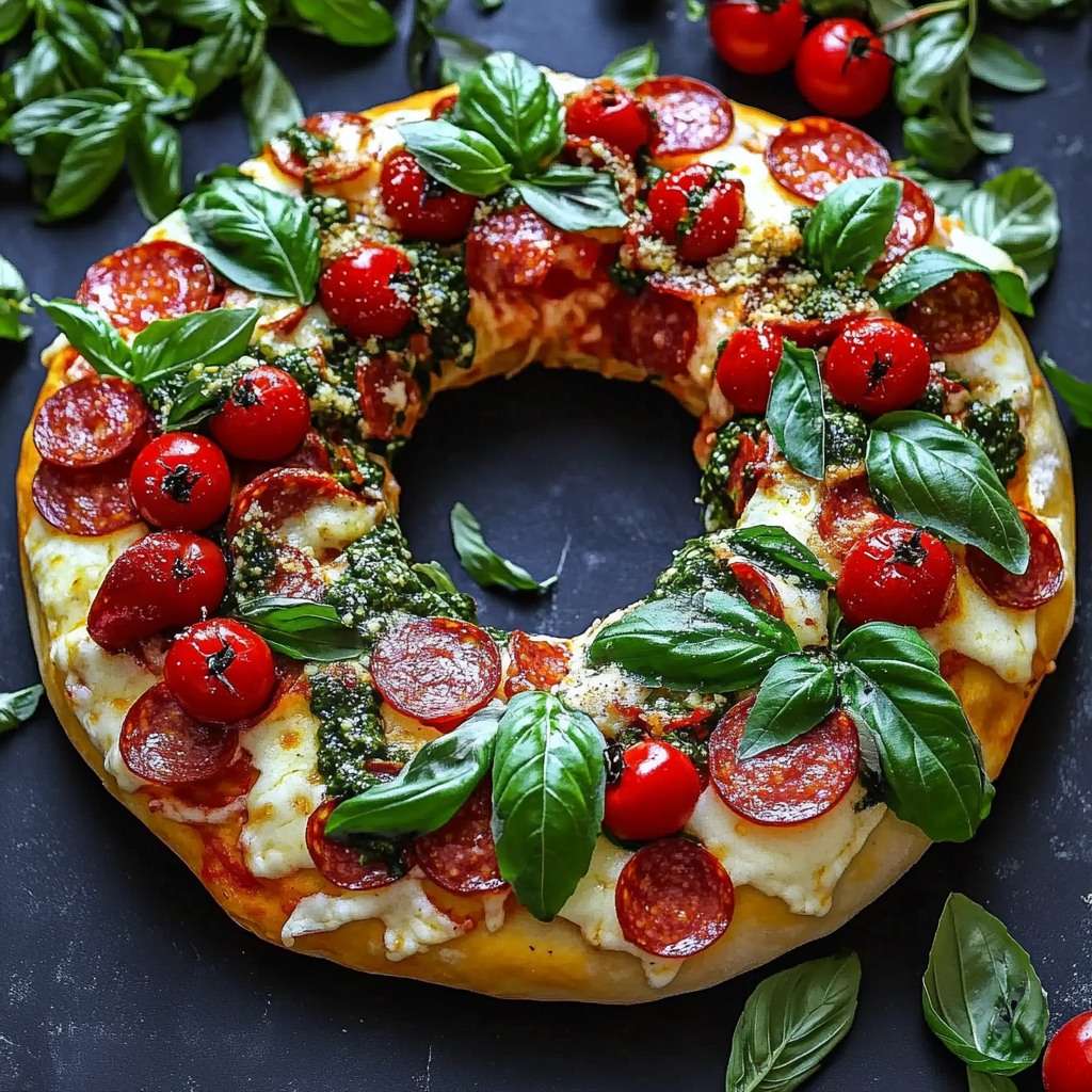 Couronne festive de pâte à pizza garnie de mozzarella, pepperoni, tomates cerises et pesto, servie chaude sur une planche en bois avec des feuilles de basilic frais.