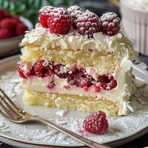 Gâteau roulé Forêt Blanche aux framboises et chocolat blanc, décoré de noix de coco râpée et de framboises fraîches.