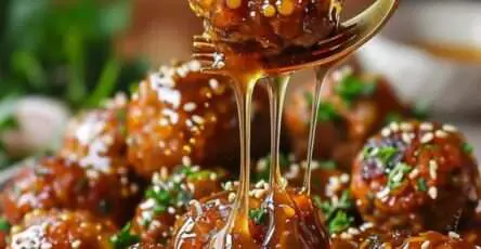 Boulettes de viande au miel et à la sauce soja, servies avec du riz et des légumes sautés, joliment présentées dans une assiette garnie de persil frais.