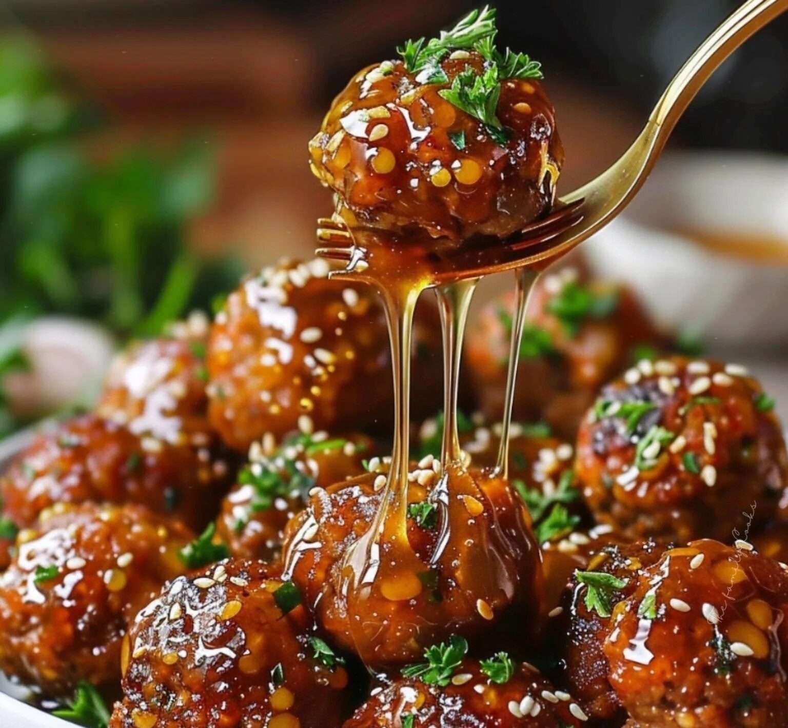 Boulettes de viande au miel et à la sauce soja, servies avec du riz et des légumes sautés, joliment présentées dans une assiette garnie de persil frais.