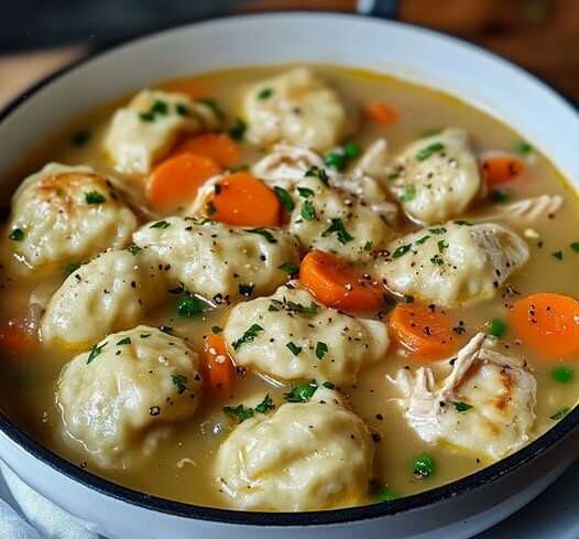 Un bol fumant de soupe aux raviolis de poulet, garni de persil frais, avec des morceaux de légumes colorés et des raviolis moelleux flottant dans un bouillon riche et savoureux.