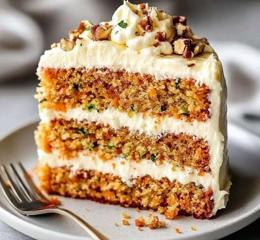 Gâteau aux carottes moelleux garni de glaçage crémeux et décoré de noix de Grenoble, présenté sur une assiette blanche élégante.