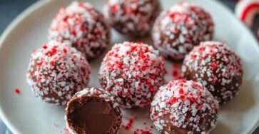 Un plateau festif de truffes au chocolat à la menthe poivrée, roulées dans des éclats de cannes en sucre, présentées avec élégance pour une table de fêtes.