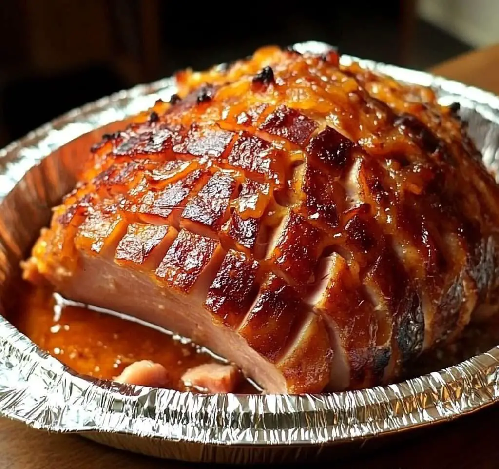 Jambon rôti glacé au miel et à l’ananas, joliment présenté sur un plat avec des tranches d’ananas grillées et des légumes rôtis, parfait pour un repas festif.