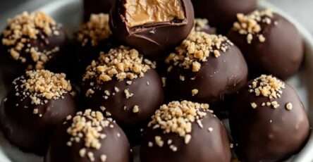 Un plateau élégant de boules de beurre de cacahuète enrobées de chocolat noir, parsemées de grains de sel et présentées sur un papier cuisson.