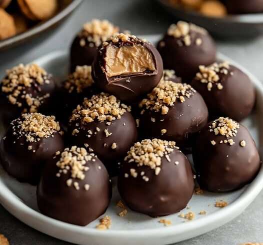 Un plateau élégant de boules de beurre de cacahuète enrobées de chocolat noir, parsemées de grains de sel et présentées sur un papier cuisson.