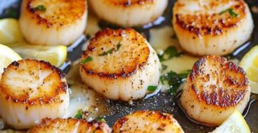 Coquilles Saint-Jacques dorées et nappées de beurre à l'ail, servies avec des feuilles de basilic frais et des tranches de citron sur une assiette blanche.