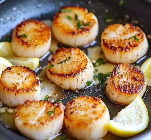 Coquilles Saint-Jacques dorées et nappées de beurre à l'ail, servies avec des feuilles de basilic frais et des tranches de citron sur une assiette blanche.