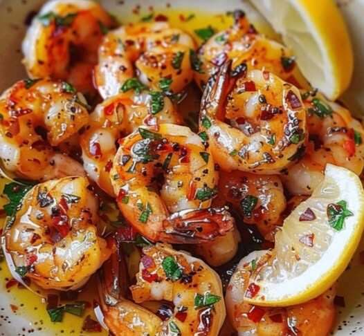 Assiette de crevettes sautées à l’ail et au persil, servie avec des quartiers de citron et un accompagnement de riz.