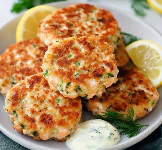 Galettes de saumon dorées et croustillantes servies sur une assiette blanche, accompagnées d’une salade verte fraîche et d’une sauce au yaourt citronnée.