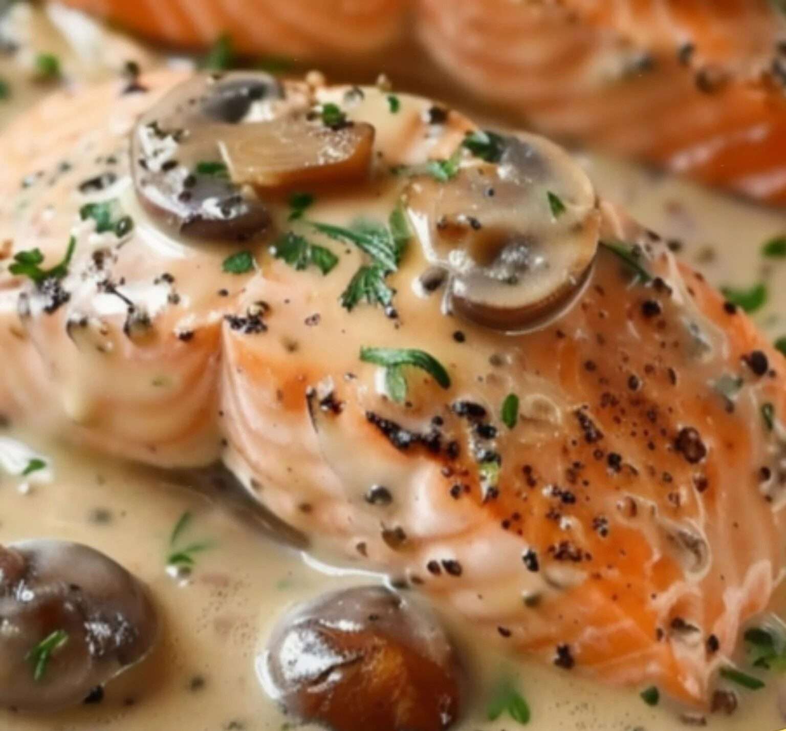 Pavés de saumon à la crème et aux champignons, servis avec une sauce onctueuse et des accompagnements savoureux.