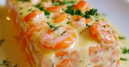 Une terrine élégante de Saint-Jacques, saumon et crevettes, tranchée et servie avec une crème citronnée et des brins d'aneth.