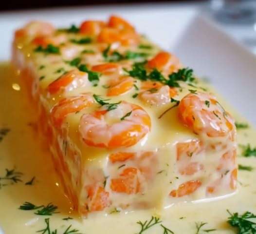 Une terrine élégante de Saint-Jacques, saumon et crevettes, tranchée et servie avec une crème citronnée et des brins d'aneth.