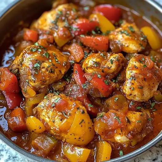 Un plat de Poulet Basquaise coloré, avec des morceaux de poulet doré, des poivrons rouges et verts, et une sauce onctueuse, servi avec du riz blanc.