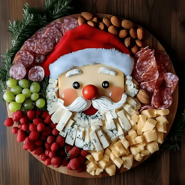 Plateau de fromages et charcuterie en forme de Père Noël, décoré avec fruits, noix et brins de romarin.