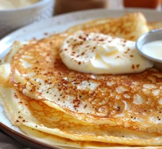 Crêpes dorées au fromage blanc sans farine, garnies de fruits frais et d’un filet de sirop d’érable, servies sur une assiette blanche avec des baies en décoration.