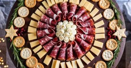 Couronne festive de charcuterie et fromage décorée de romarin, canneberges et crackers