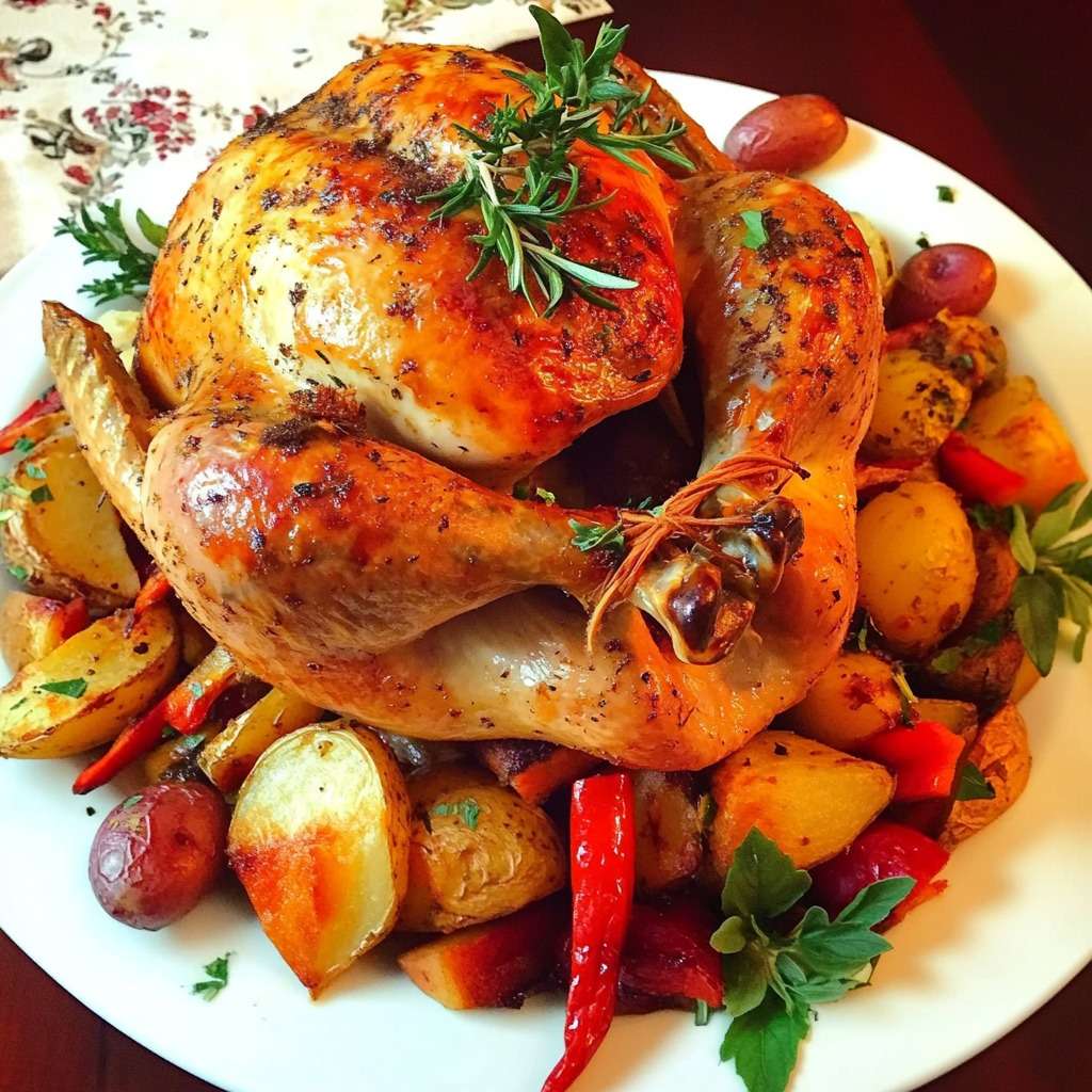 Poulet rôti doré accompagné de légumes rôtis colorés (pommes de terre, carottes et poivrons) servi dans un plat rustique, idéal pour un repas familial festif.