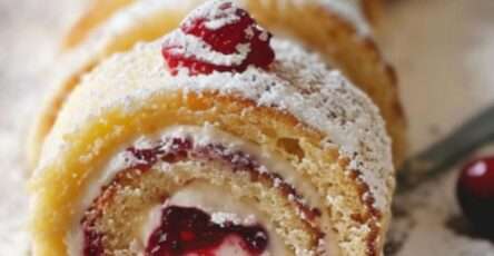 Gâteau roulé suisse moelleux, garni de confiture et saupoudré de sucre glace, présenté sur un plateau avec des baies fraîches en décoration.