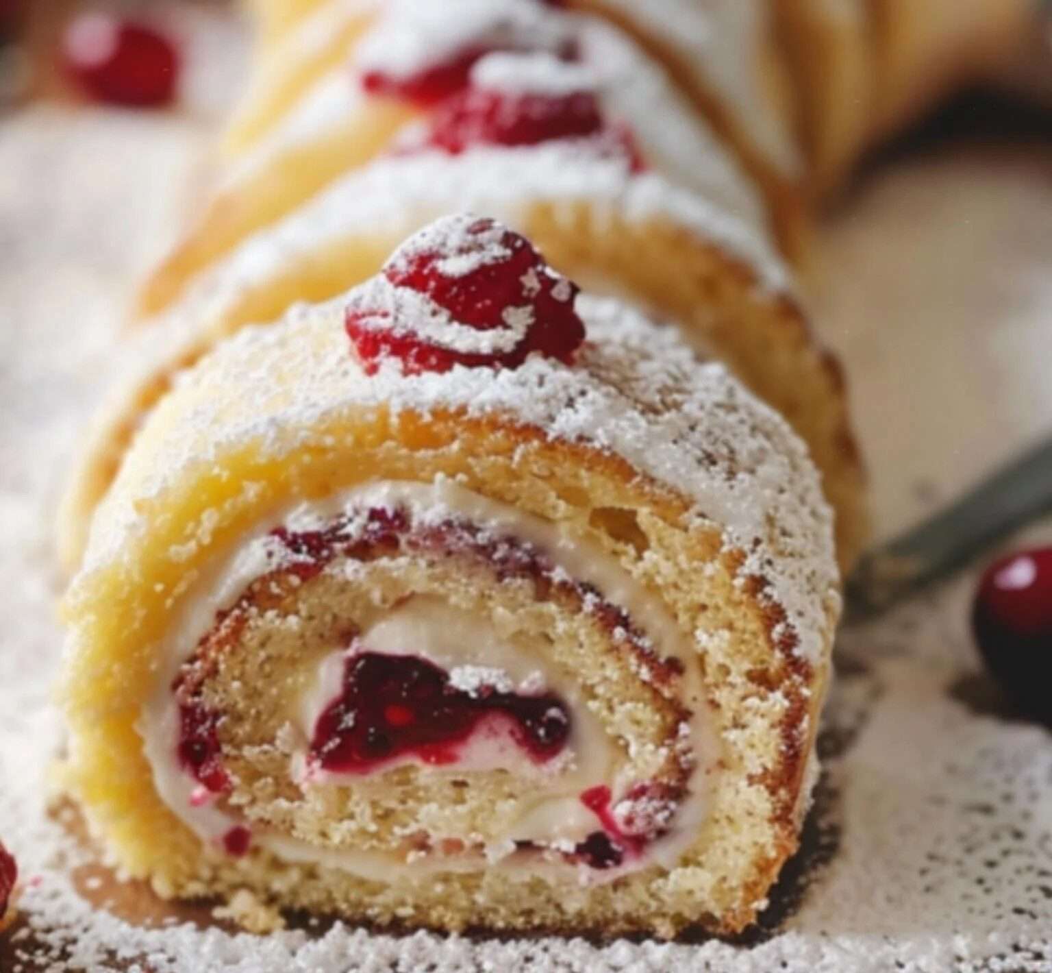 Gâteau roulé suisse moelleux, garni de confiture et saupoudré de sucre glace, présenté sur un plateau avec des baies fraîches en décoration.