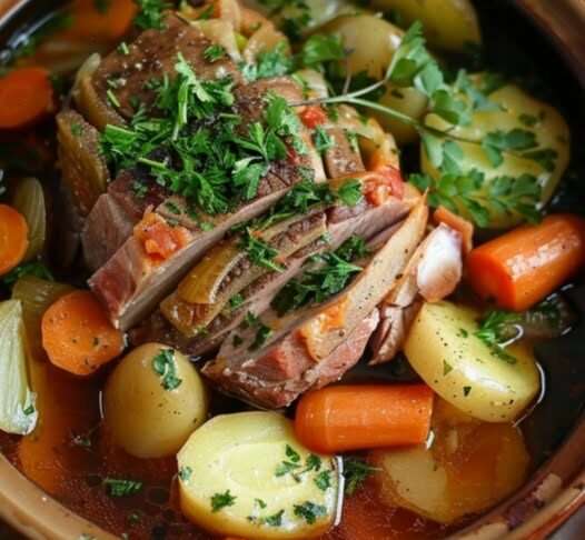 Pot-au-feu léger avec des légumes colorés et du bœuf tendre, servi dans une cocotte fumante avec des accompagnements.