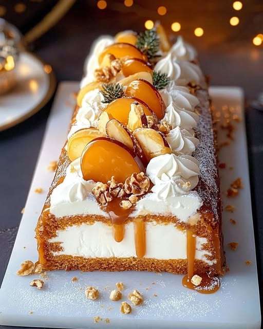 Bûche de Noël au caramel beurre salé, pommes caramélisées et éclats de spéculoos décorée pour les fêtes.