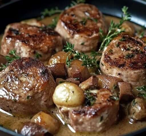 Paupiettes de veau à la forestière accompagnées de champignons et d’herbes fraîches