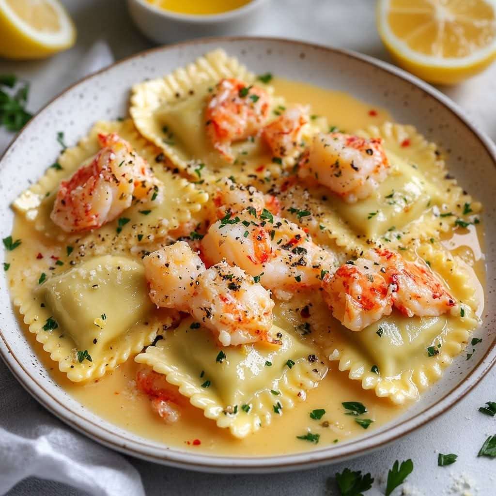 Raviolis au homard servis dans une sauce au beurre citronné, garnis de persil frais et de zestes de citron.