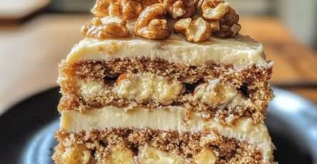 Une tranche appétissante de gâteau aux noix doré, saupoudrée de sucre glace, sur une assiette blanche avec des cerneaux de noix en décoration.