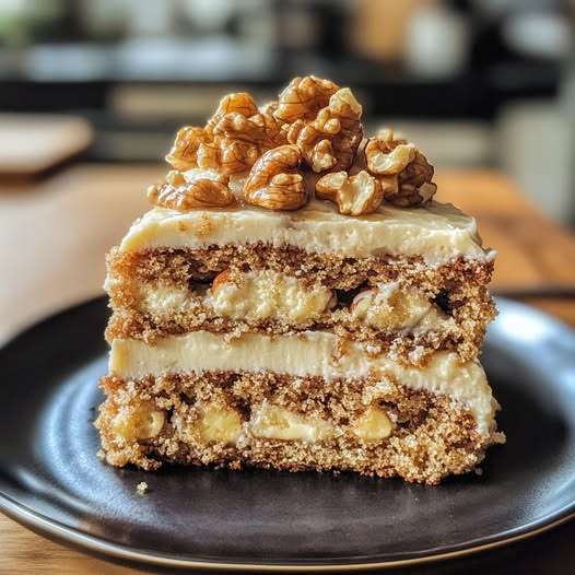 Une tranche appétissante de gâteau aux noix doré, saupoudrée de sucre glace, sur une assiette blanche avec des cerneaux de noix en décoration.