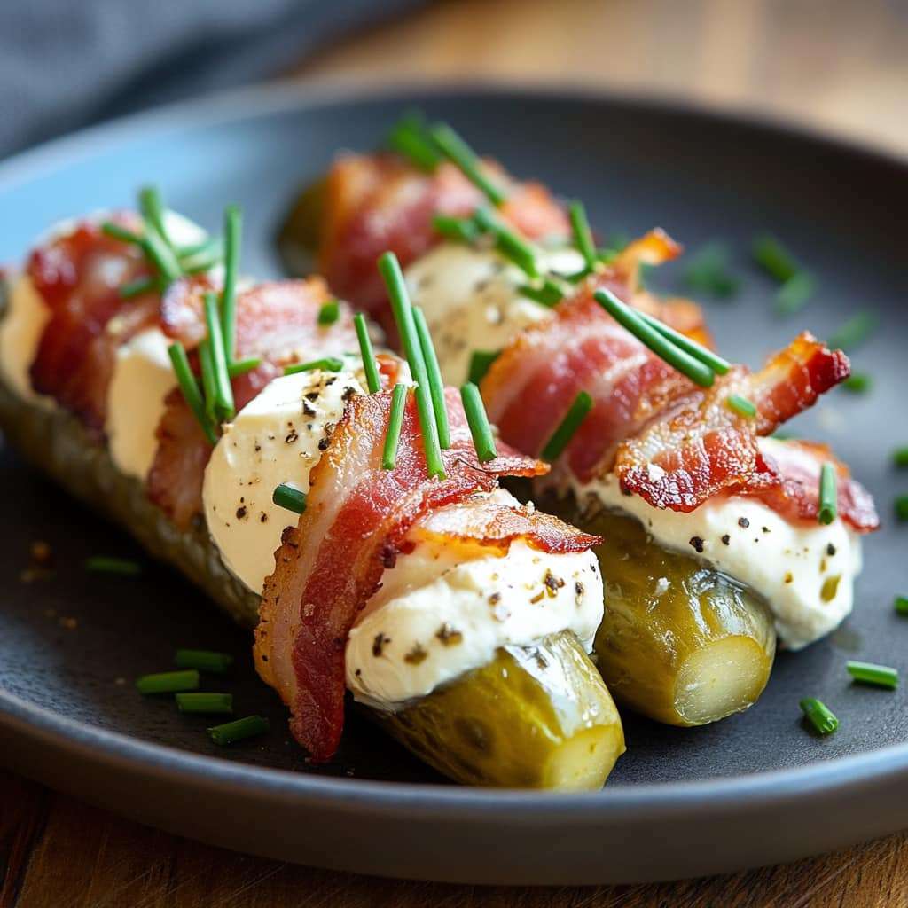 Cornichons garnis au fromage à la crème, enroulés de bacon croustillant et garnis de ciboulette fraîche