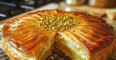 Galette des Rois maison garnie de crème de pistache, dorée et décorée avec des motifs élégants, servie sur un plateau festif.