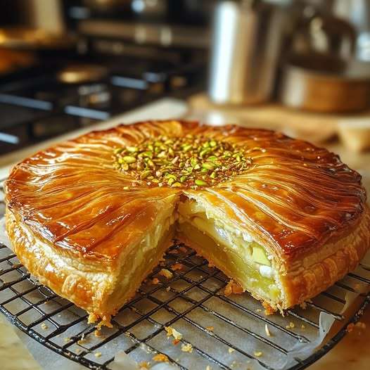 Galette des Rois maison garnie de crème de pistache, dorée et décorée avec des motifs élégants, servie sur un plateau festif.