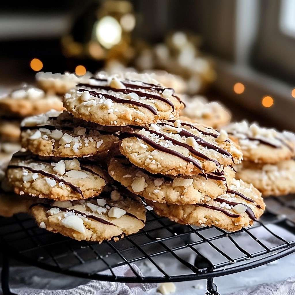 Biscuits sablés coco recouverts de chocolat blanc et noir, décorés de noix de coco râpée et d’éclats de noisettes, présentés sur une assiette élégante.