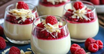 Verrine de panna cotta au chocolat blanc, surmontée d’un coulis de framboises lisse et décorée de framboises fraîches et de copeaux de chocolat blanc.