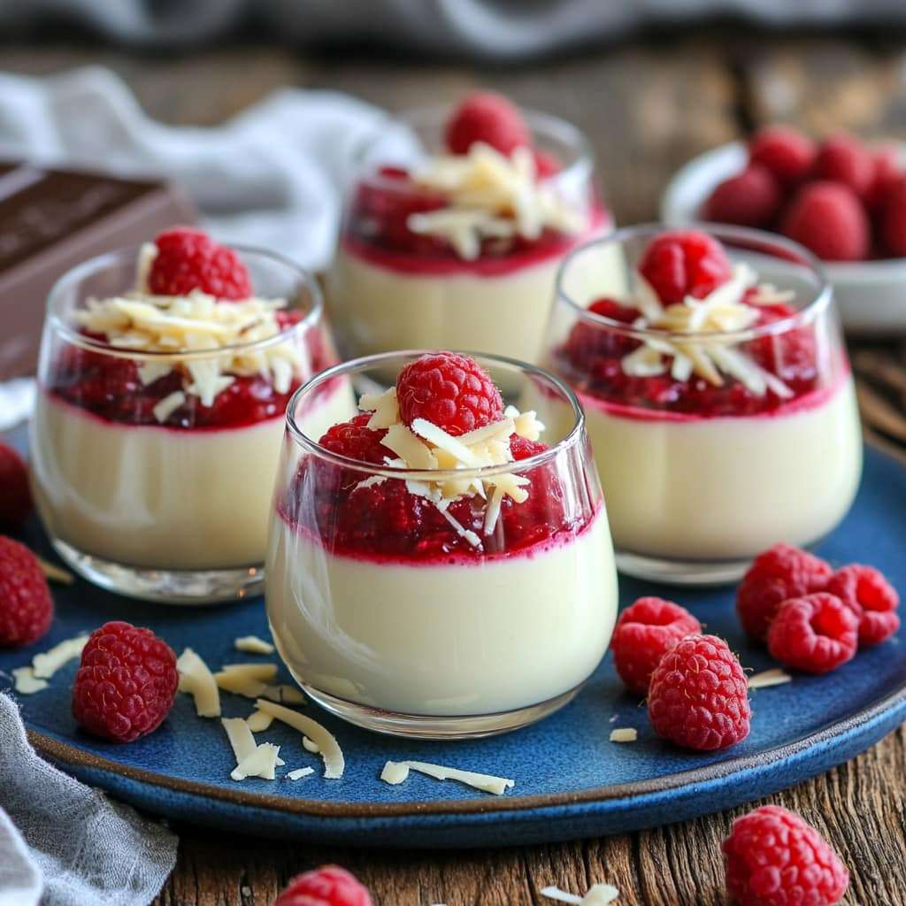 Verrine de panna cotta au chocolat blanc, surmontée d’un coulis de framboises lisse et décorée de framboises fraîches et de copeaux de chocolat blanc.