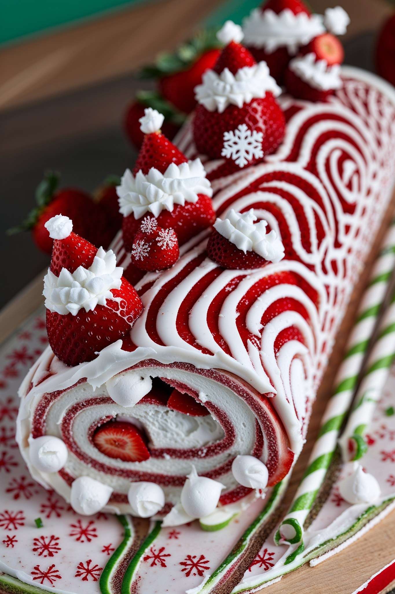 Bûche aux fraises et chantilly décorée avec des fraises fraîches et des touches festives de chantilly.